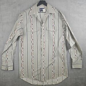 Wrangler Western Aztec Stripe Snap Shirt Gray Cotton 90s Vintage Cowboy Size LT